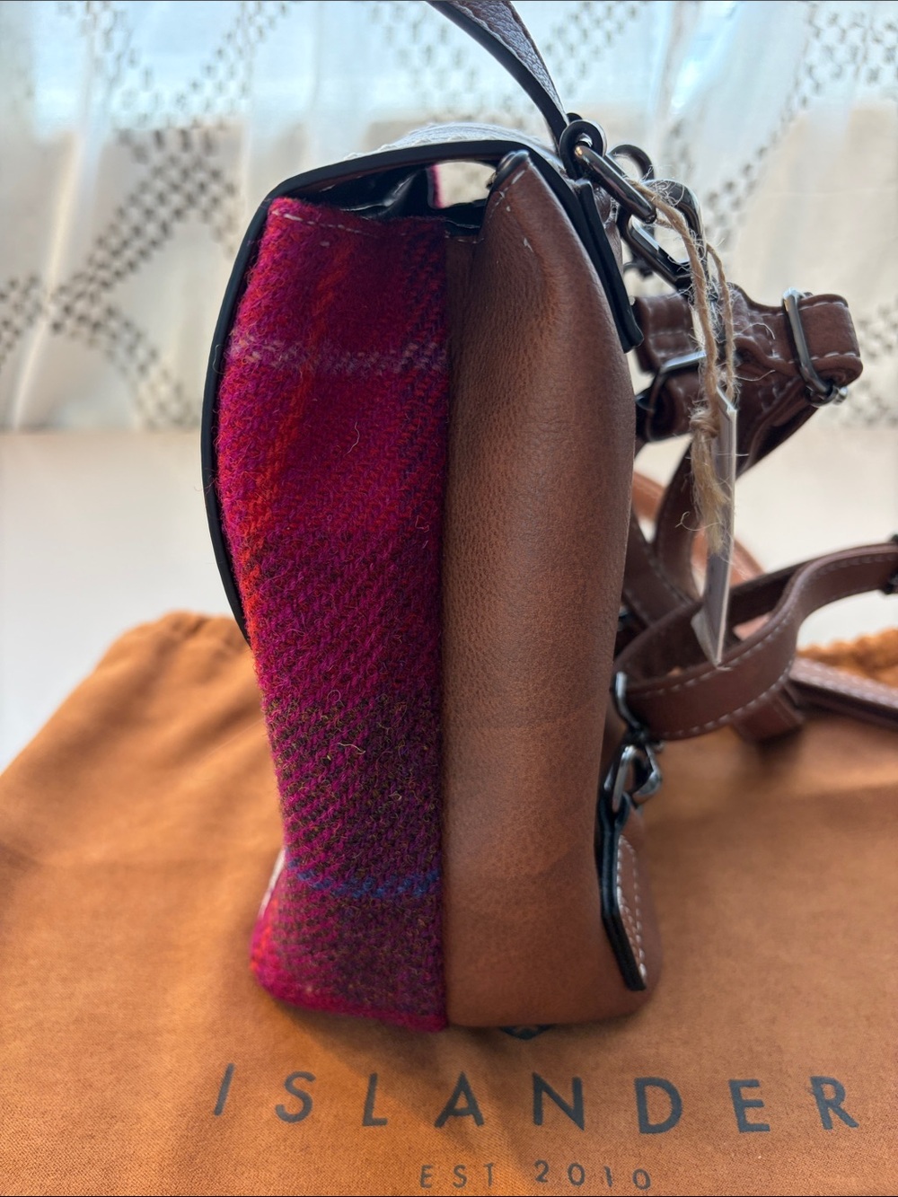 Islander Harrison Tweed Mini Jura Backpack. Brown Leather and Magenta Plaid. - Picture 5 of 10